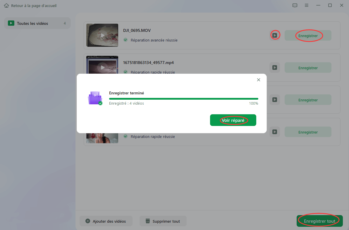 enregistrer les vidéos réparées dans Fixo
